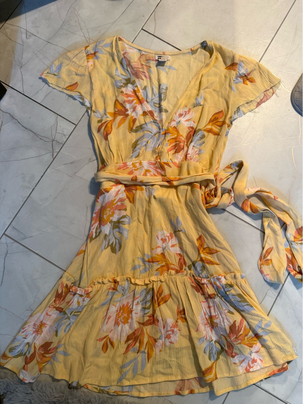 Billabong Yellow Floral Wrap Mini Dress